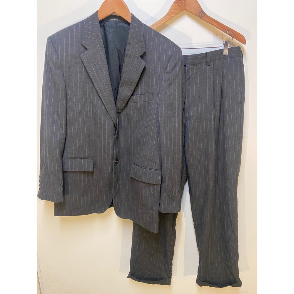 Chaps Suit Set Men 38R 33x32 Grey Pinstripe 100% Wool 2-Button Blazer Trousers